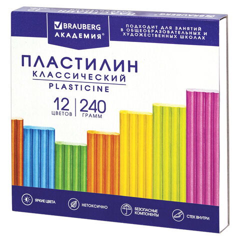 Пластилин классический BRAUBERG "АКАДЕМИЯ ХИТ", 12 цветов, 240 г, стек, ВЫСШЕЕ КАЧЕСТВО, 106423