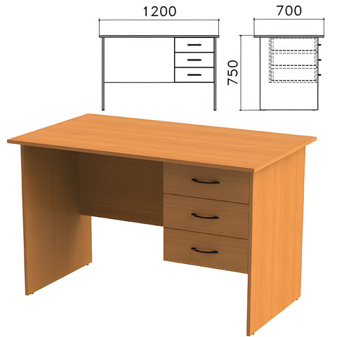 Стол письменный "Фея", 1200х700х750 мм, тумба 3 ящика, цвет орех милан, СФ10.5