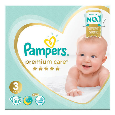 Подгузники, 114 шт., PAMPERS (Памперс) "Premium Care", размер 3 (6-10 кг), 1210791