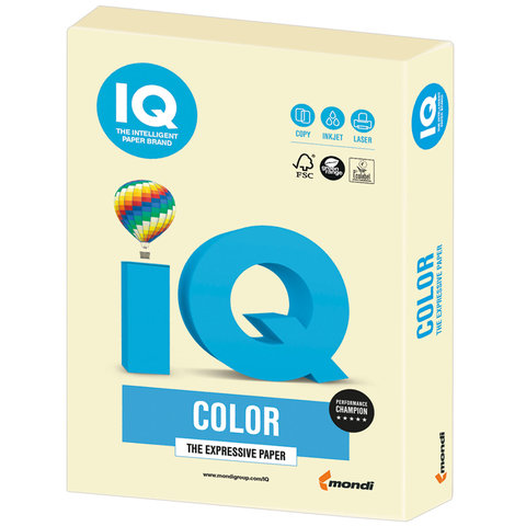 Бумага цветная IQ color, А4, 160 г/м2, 250 л., пастель, ванильная, BE66