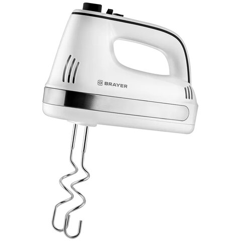 Миксер BRAYER BR1301, 250 Вт, 5 скоростей, 2 венчика, 2 крюка для теста, белый