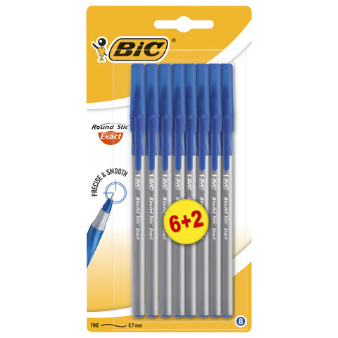 Ручки шариковые с грипом BIC "Round Stic Exact", НАБОР 6+2 шт., СИНИЕ, линия письма 0,28 мм, блистер, 932862