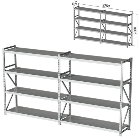 Стеллаж металлический (2 СЕКЦИИ) ПРАКТИК "MS Pro", 2000х3750х600 мм, (КОМПЛЕКТ)